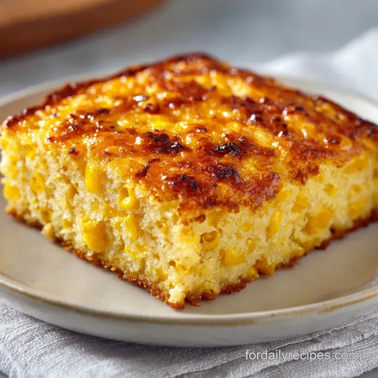 A square slice of moist yellow corn pudding served on a white plate, garnished with a sprig of fresh parsley.