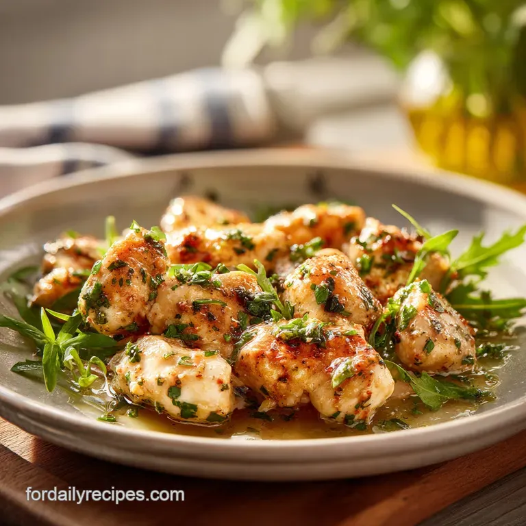 Elegant plate of creamy garlic chicken with bright green parsley garnish. The glistening sauce hints at a rich, savory fla...