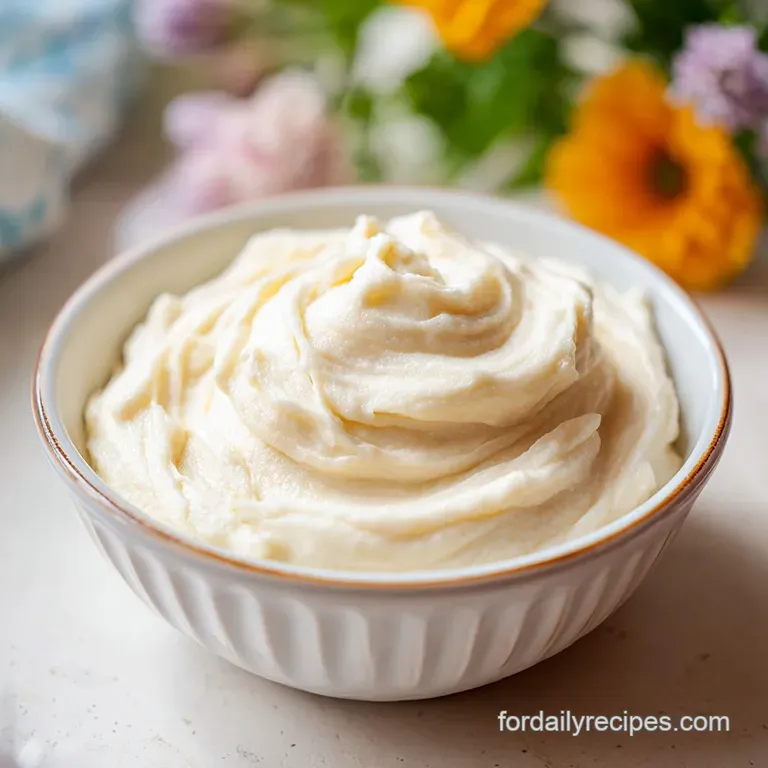 A smooth swirl of white vegetable puree on a dark plate garnished with microgreens and golden olive oil.