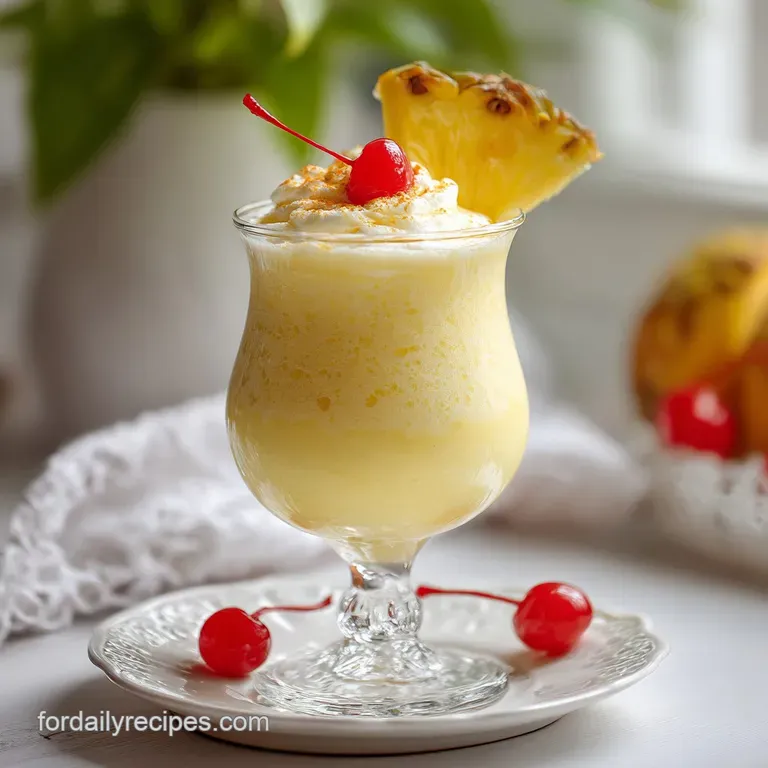 Tall glass of creamy, frothy pale yellow milkshake with a vibrant red cherry on top.