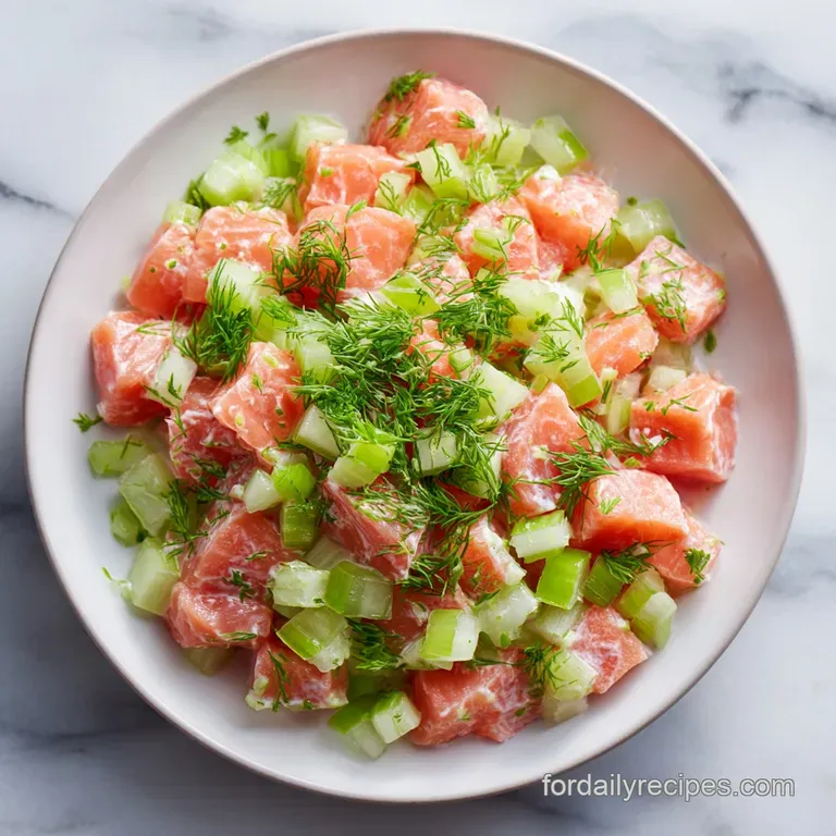 Elegant plate of flaked pink salmon resting on bright greens with creamy avocado slices and fresh microgreens.