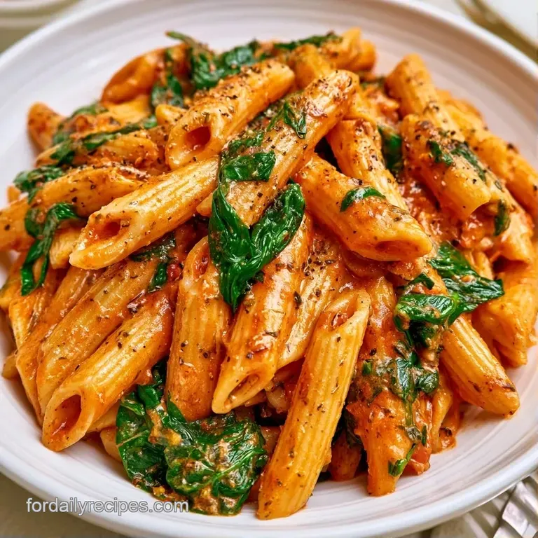 Elegant swirl of orange-hued pasta topped with fresh basil and grated parmesan on a matte white ceramic plate.