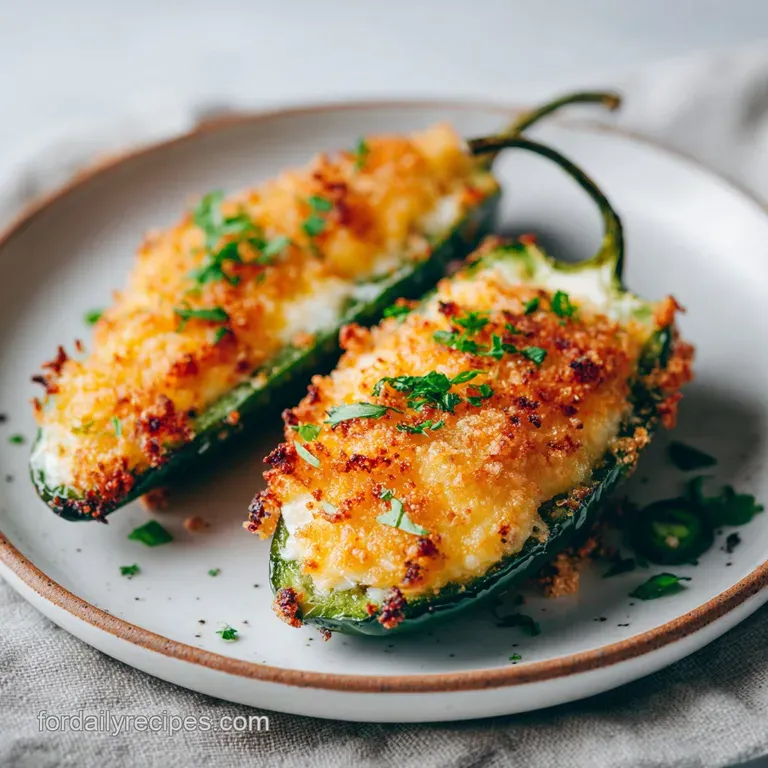 Plated jalape&ntilde;o poppers, vibrant green peppers with melted cheese and golden crust, accented by a cool, creamy dipping sauce.