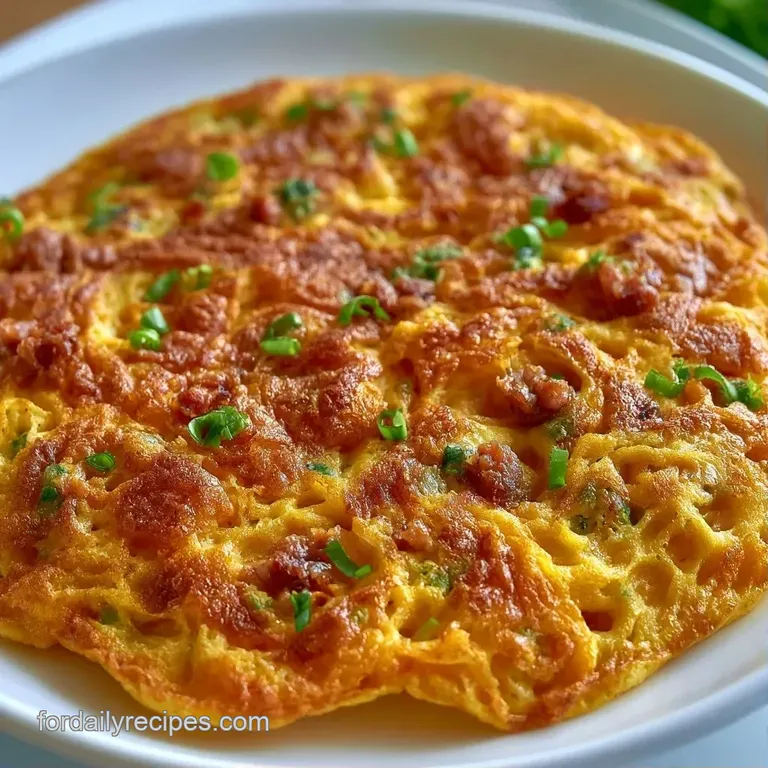 A fluffy, golden egg disc resting on a ceramic plate with sliced cucumbers and a side of bright red chili sauce.