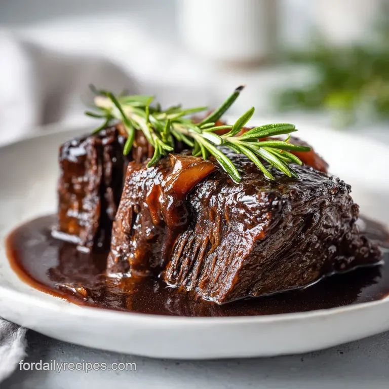 Fork tender, browned pot roast slices plated with glistening gravy, bright carrots, and creamy mashed potatoes.