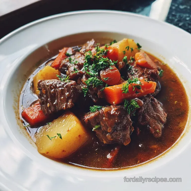 A rustic bowl filled with glistening beef stew, garnished with parsley. Visible steam rising hints at savory warmth.