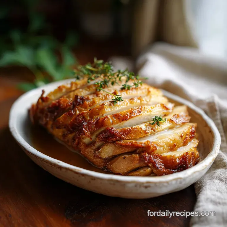 Plated turkey breast slices glistening with natural juices, next to vibrant green beans and creamy mashed potatoes.