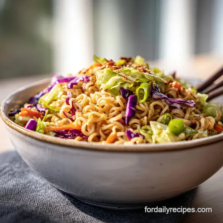Ramen noodle salad elegantly plated. Bright greens & reds contrast with toasted noodles, drizzled with a light glaze. Read...
