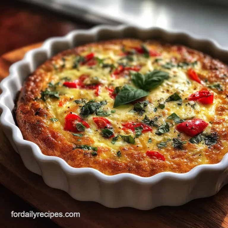 Wedge of creamy quiche with browned top, next to a vibrant green salad. Light reflects off the delicate cottage cheese.