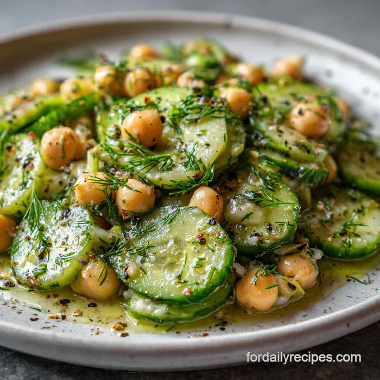A bright cucumber salad artfully arranged on a white plate, sprigs of fresh dill adding a pop of green. Ready to be served...