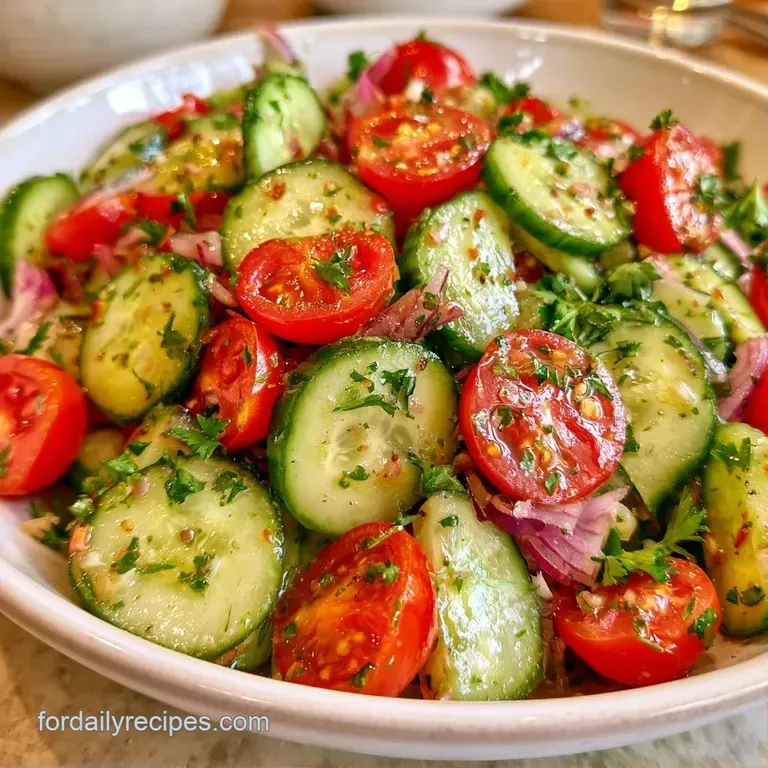 Vibrant red tomatoes and crisp cucumber wheels artfully arranged on a white plate with a light, glistening glaze.