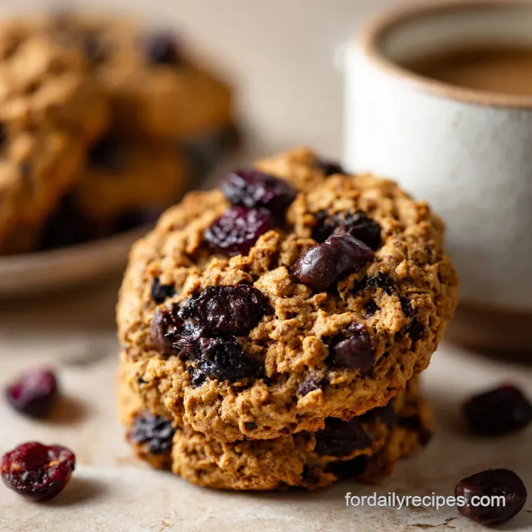 A stack of rich chocolate cherry cookies elegantly arranged on a rustic wooden board