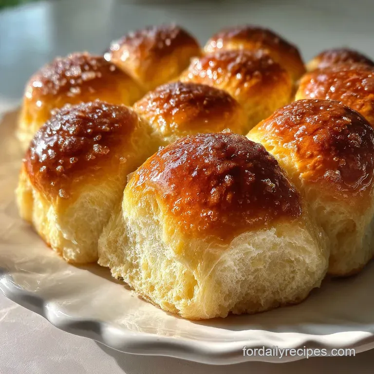 Three warm, rustic dinner rolls arranged in a napkin-lined basket. Butter glistens softly on one, promising a rich, comfor...