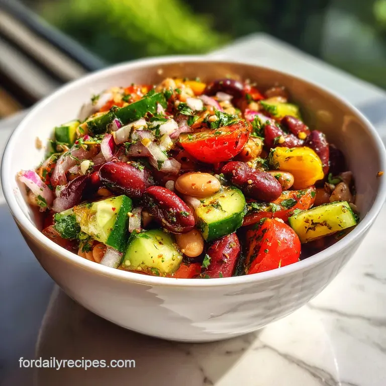 A spoonful of bean salad, showing creamy beans, herbs, and a light sheen, atop crisp romaine lettuce on a white plate.