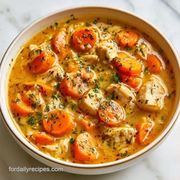 A white porcelain bowl of clear golden broth filled with shredded poultry and sliced vegetables, topped with parsley.