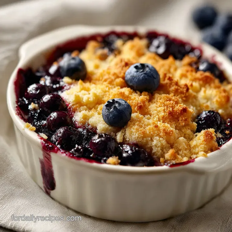 A slice of warm cake with a scoop of melting vanilla ice cream over a bed of deep purple, glossy blueberry sauce.