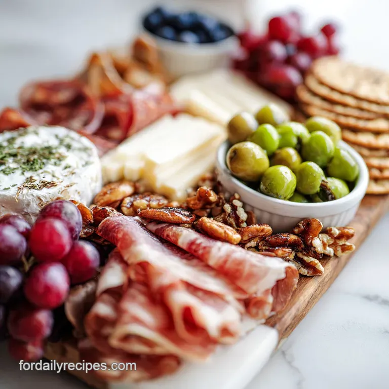Artfully arranged charcuterie board featuring a curated selection of flavors, textures, and vibrant colors for sophisticat...
