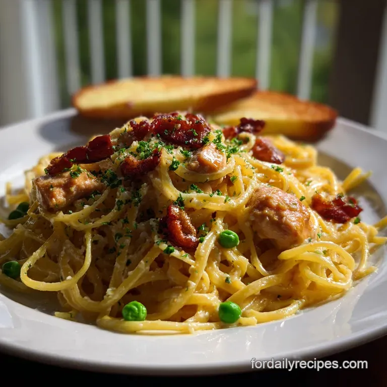 Elegant plate of chicken carbonara; the glossy sauce clings to the noodles and chicken. Black pepper speckles add visual i...