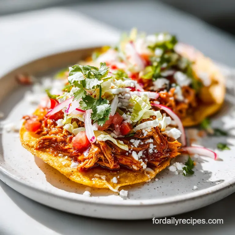 A neatly arranged tostada garnished with a dollop of sour cream and a sprinkle of fresh cilantro on a white plate.