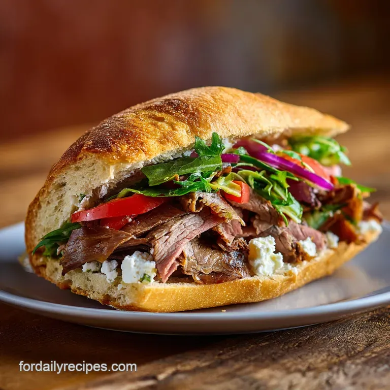 A gyro sandwich, cut in half, shows layers of juicy meat, crisp vegetables, and creamy white sauce nestled in warm pita br...