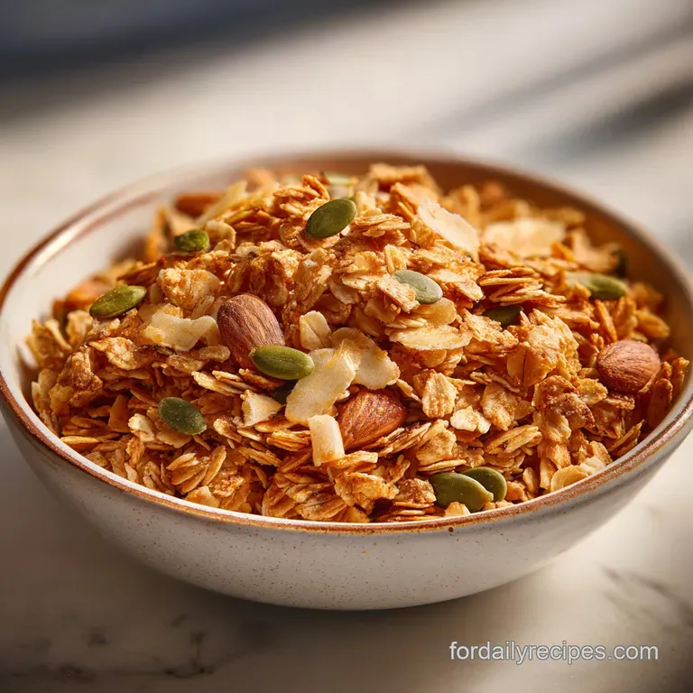 Crisp amber oat clusters and dried cranberries elegantly scattered over a swirl of thick, creamy Greek yogurt.