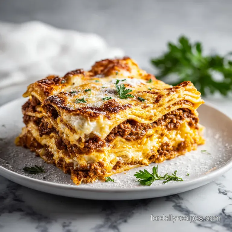 Slice of lasagna on a white plate with fresh basil, the layers of pasta, meat sauce, and cheese distinctly visible.