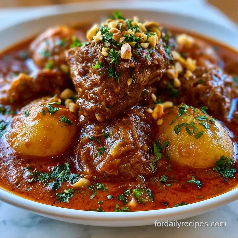Creamy orange-brown curry with chunky potatoes in a white bowl, paired with steamed rice and fresh cilantro.