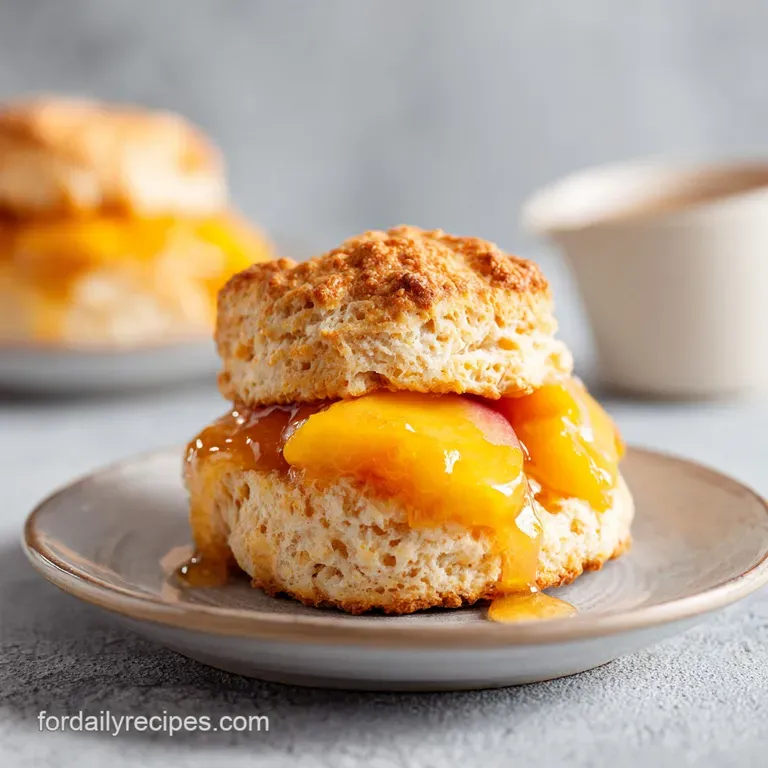 A stack of fluffy peach scones adorned with a drizzle of glaze and fresh mint leaves.