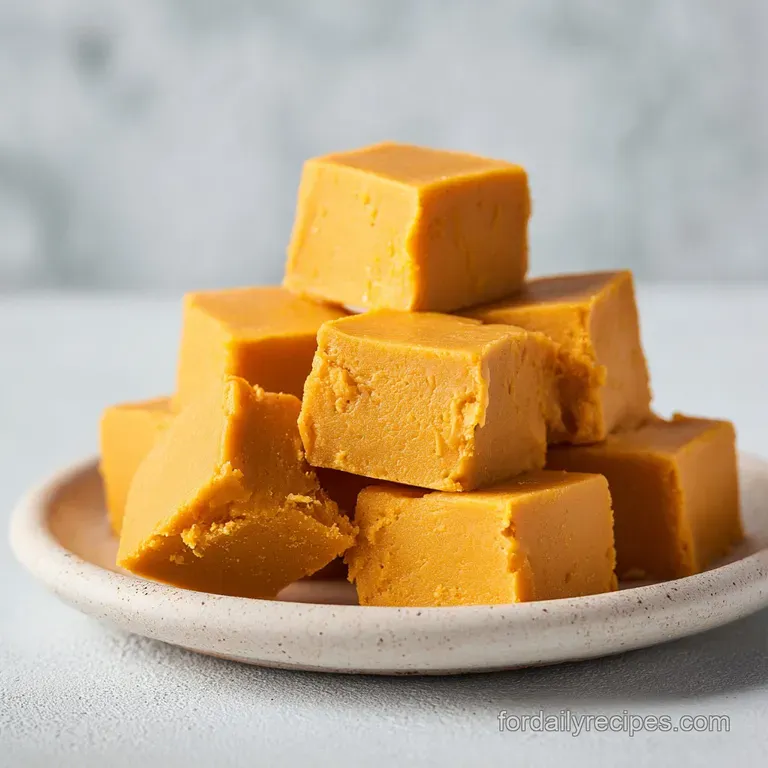 Creamy orange fudge cubes artfully arranged on a dark slate, dusted with cinnamon.