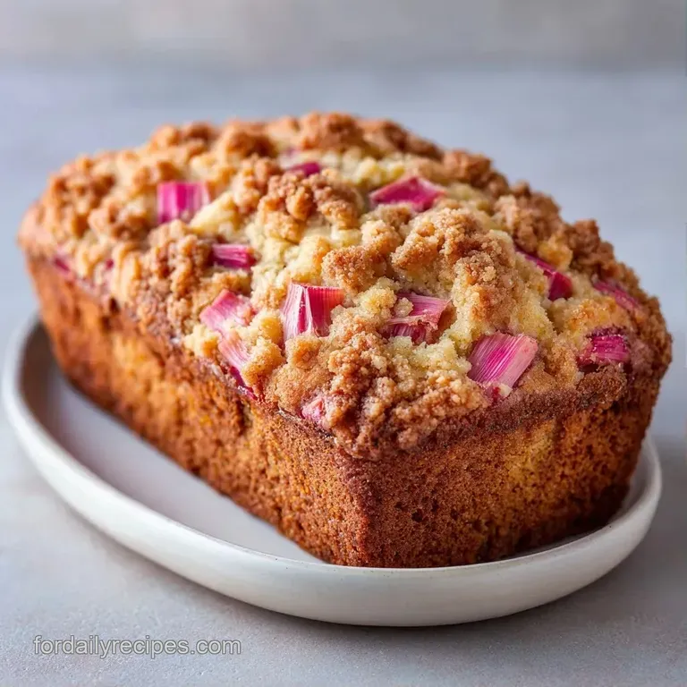 Golden cake slice with tart pink rhubarb swirls served on a marble slab beside a cup of steaming coffee.
