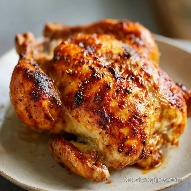 Roasted chicken quarter, juicy and golden, next to garlic mashed potatoes with parsley. Elegant white plate.