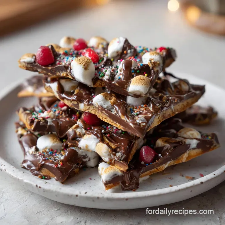 A shard of s'mores bark elegantly placed on a white plate, with melted marshmallow and chocolate dripping.