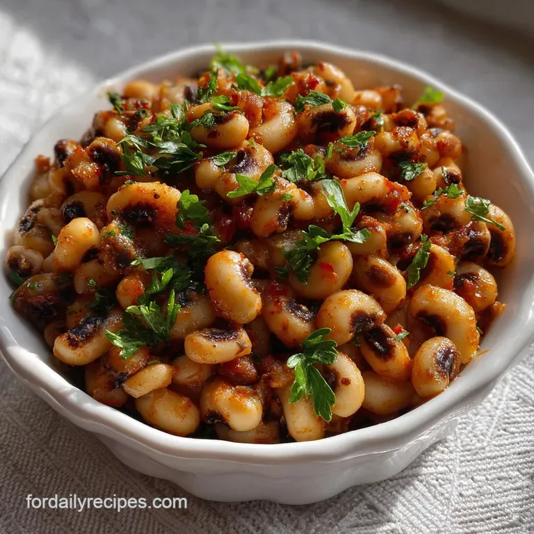 Elegant white bowl filled with steaming black-eyed peas. Garnished with a swirl of fresh parsley and a drizzle of vibrant ...