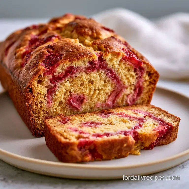 A thick slice of moist pink-swirled cake on a white porcelain plate, dusted with powdered sugar and fresh berries.