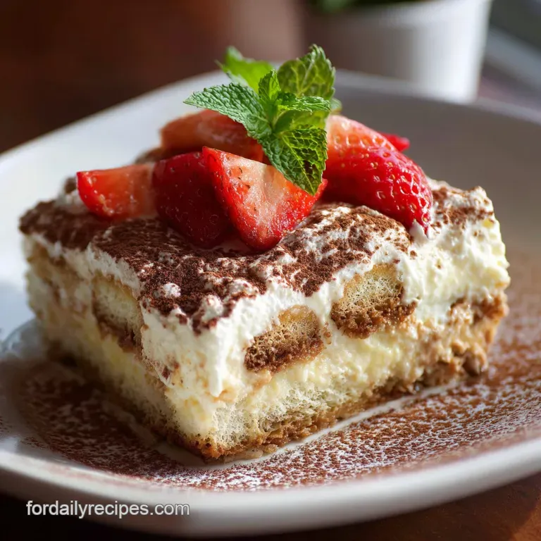 A fork-tender slice of tiramisu poke cake, revealing creamy layers and a coffee-soaked crumb.