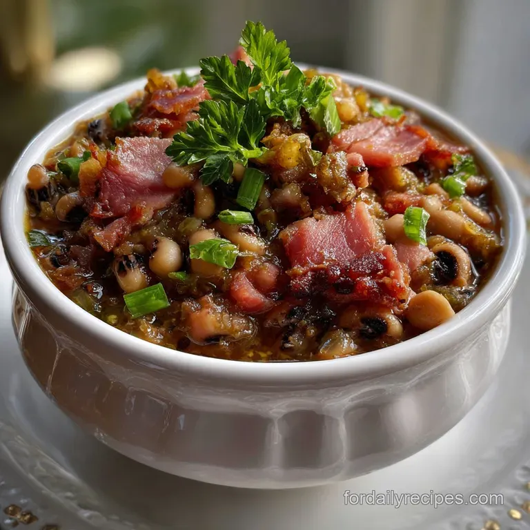 Elegant white bowl filled with creamy black-eyed peas, garnished with a sprig of parsley. The dish is presented on a woode...