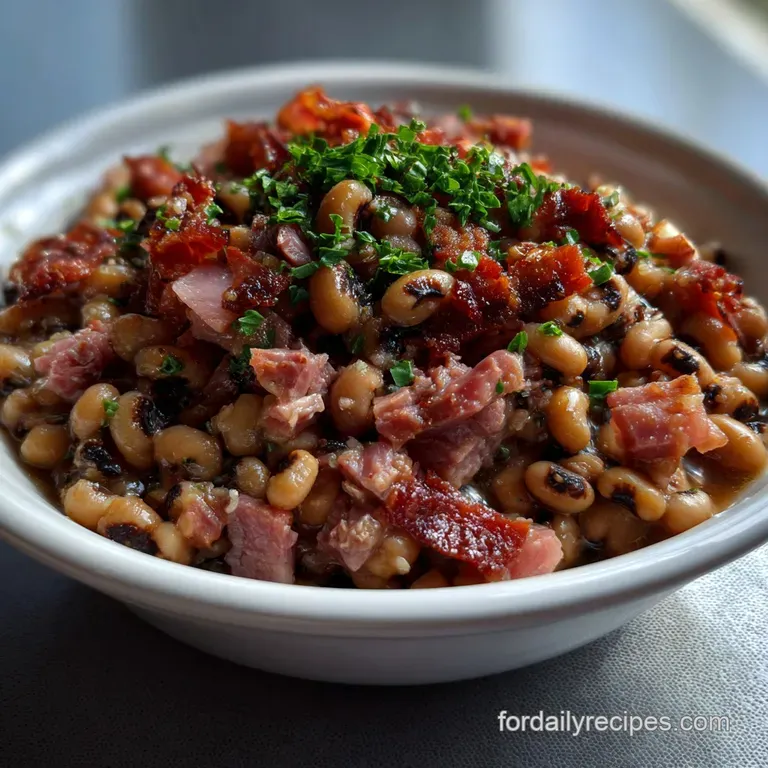 Hearty crock pot black-eyed peas, glistening with moisture, studded with chunks of savory ham. A rustic, comforting meal, ...