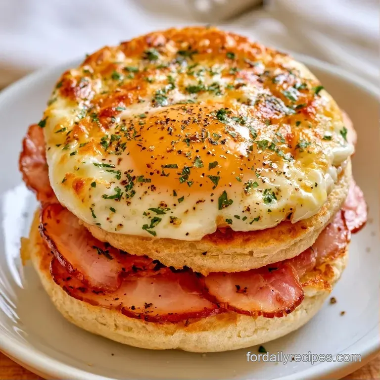 A golden breakfast sandwich served on a white platter with a side of crisp greens and a steaming cup of coffee.