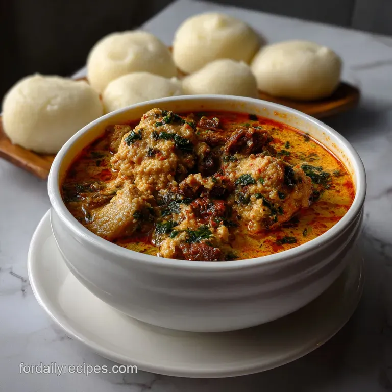 Creamy egusi soup artfully swirled on a white plate, with a perfectly formed fufu portion and fresh herb garnish.