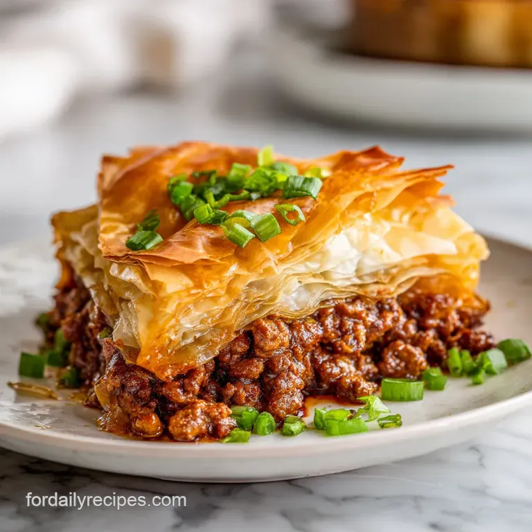 A slice of crisp phyllo goulash reveals a savory beef filling. Garnished herbs add freshness to the golden-brown, layered ...