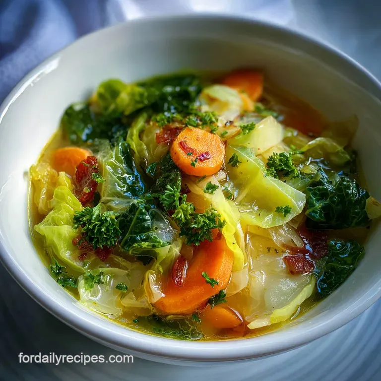 Steaming cabbage soup in a white bowl, garnished with fresh parsley. A spoon rests invitingly on the side, ready to enjoy.