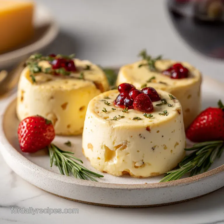 A glistening white cheese ball adorned with rosemary sprigs, ready to be served with crackers.