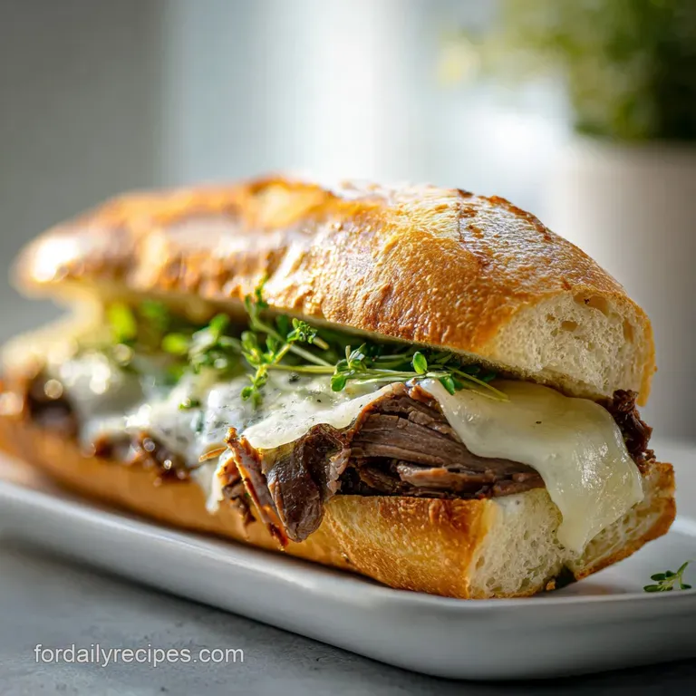 French dip sandwich half with melted Swiss; dark, glistening roast; served with a small bowl of flavorful dipping sauce.