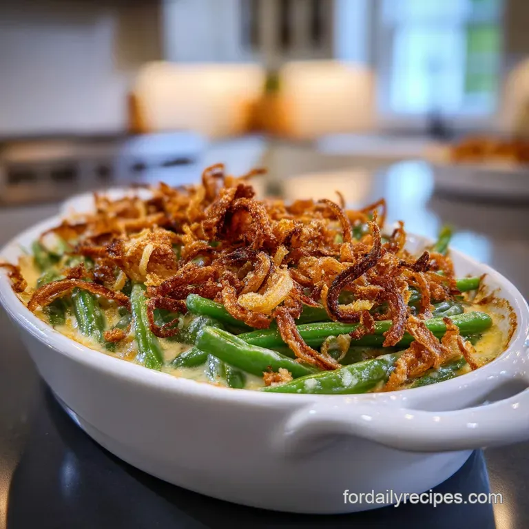 Elegant serving of green bean casserole, showcasing tender green beans and crispy fried onion topping, nestled in rich, ea...