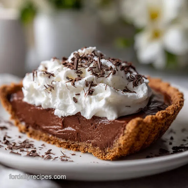 Elegant slice of French Silk Pie with delicate chocolate shavings and a dollop of whipped cream on a white dessert plate.