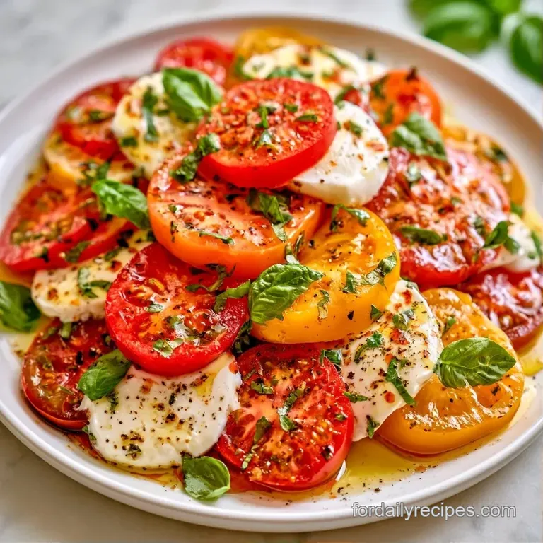 Slices of creamy white mozzarella and ripe red tomatoes arranged in a circle with bright green basil on a white plate.