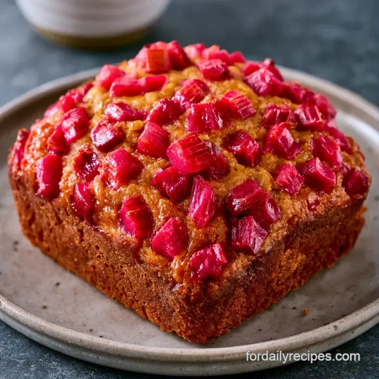 Golden-crusted loaf on a rustic wooden board, sliced to reveal vibrant pink rhubarb layers and a moist interior.