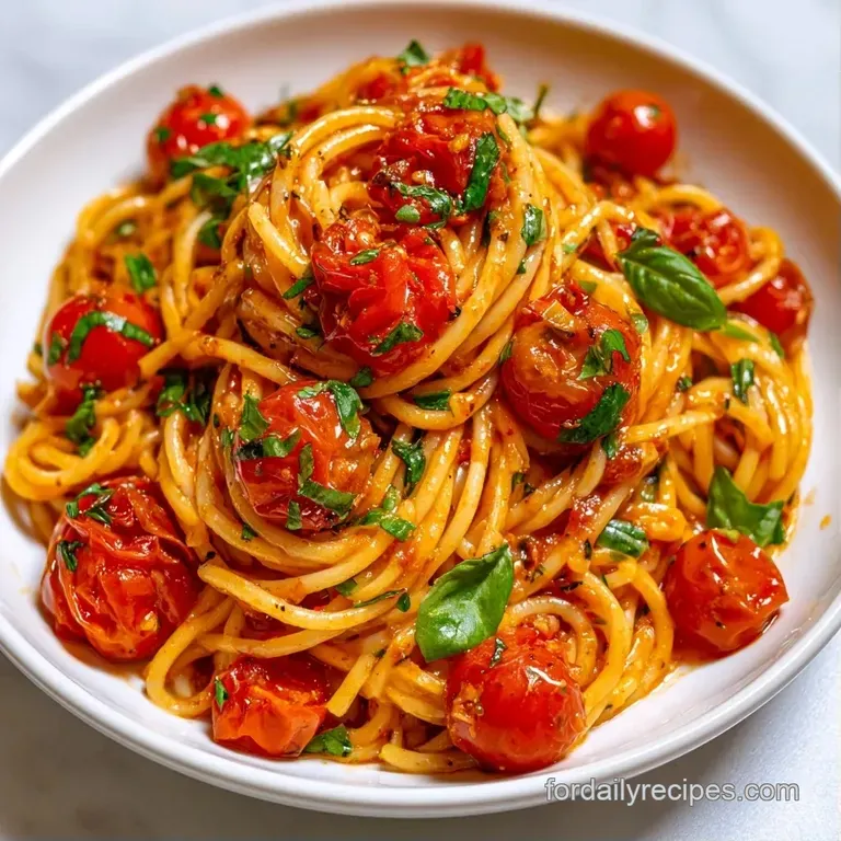Twirled pasta nests topped with juicy blistered tomatoes and a fresh basil sprig on a clean white ceramic plate.