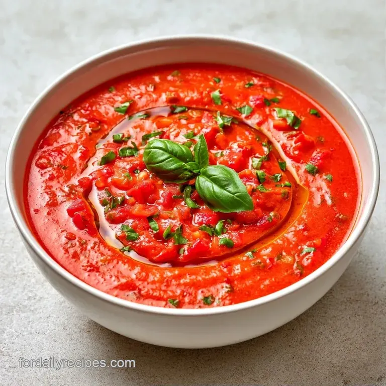 Elegant glass bowl of bright red chilled soup garnished with microgreens and a swirl of golden olive oil on white.