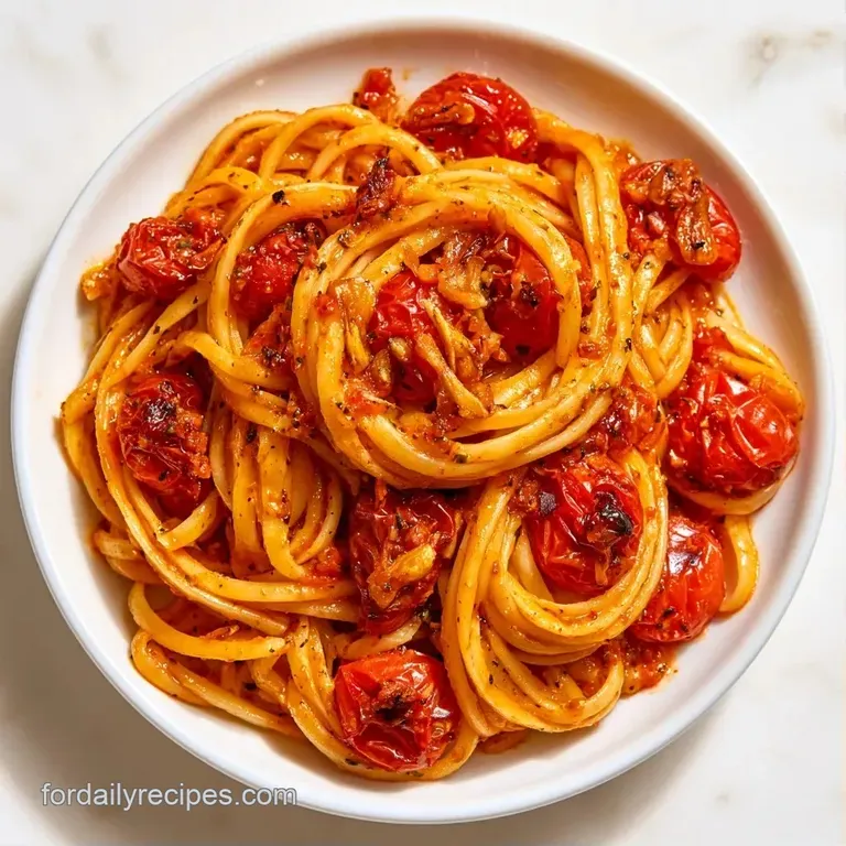 Twirled pasta topped with bursting red cherry tomatoes, fresh basil, and a drizzle of golden olive oil.